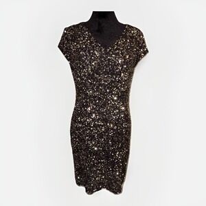 Parker Black Sequin V Neck Short Sleeve Mini Party New Years Sheath Dress Size 0
